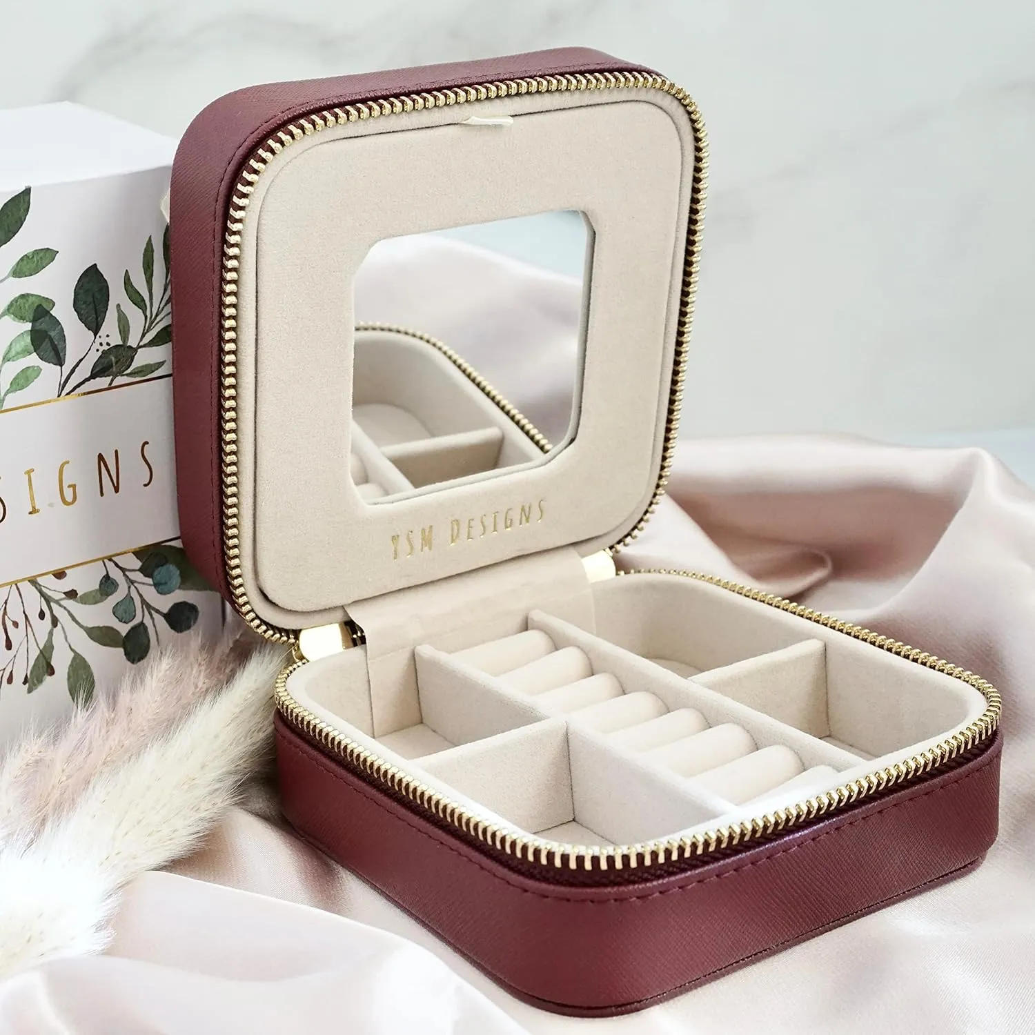 YSM Designs Travel Jewelry Organizer Box, Travel Jewelry Case | Small Jewelry Box for Women, Jewelry Travel Case | Gift for Mom (Burgundy)