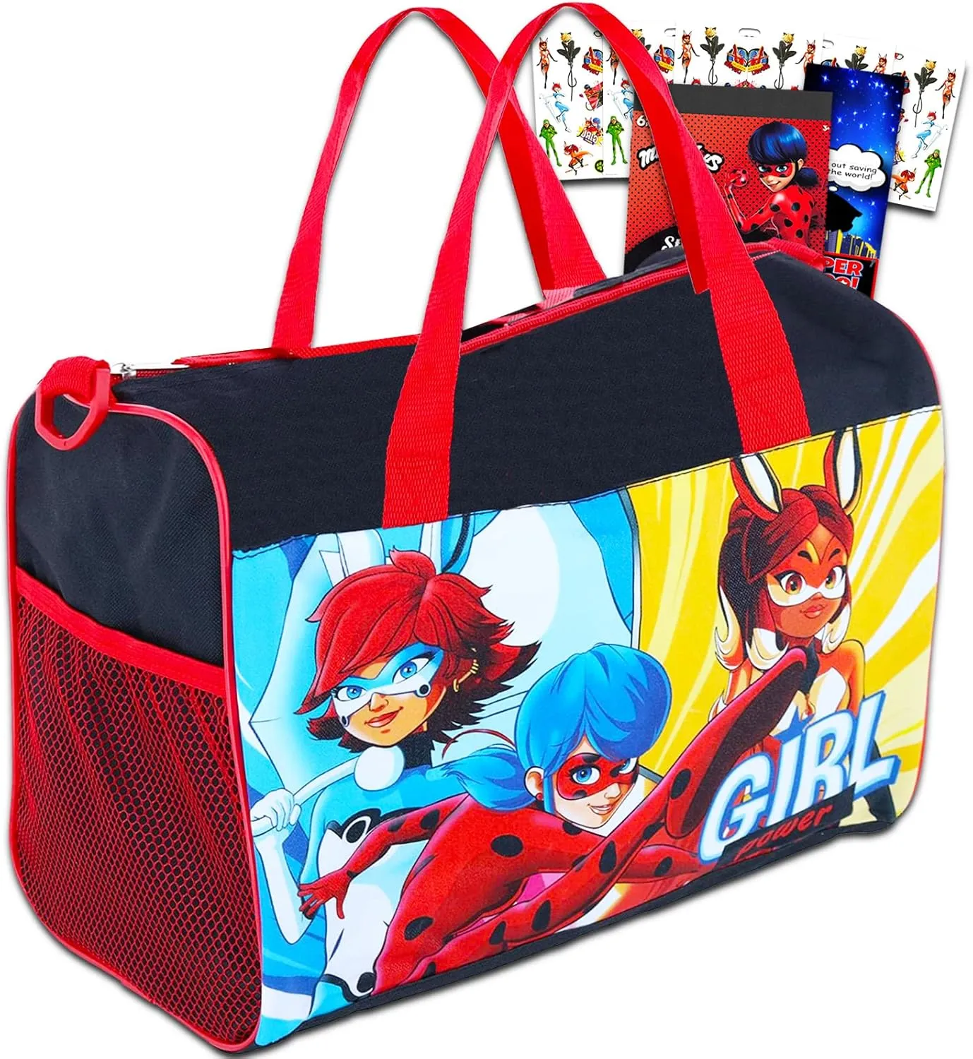 Zagtoon Miraculous Ladybug Duffle Bag for Kids - Bundle with 17inch Miraculous Ladybug Travel Bag Plus Stickers and More (Miraculous Ladybug Bag for Girls)