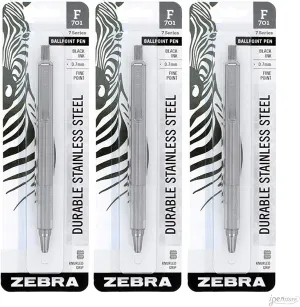 Zebra Pen 29411 Model F-701 Pack of 3 All Metal Retractable Ballpoint Pens; Heavy Duty Stainless Steel Barrel; Fine Point; 0.8mm; Black Ink