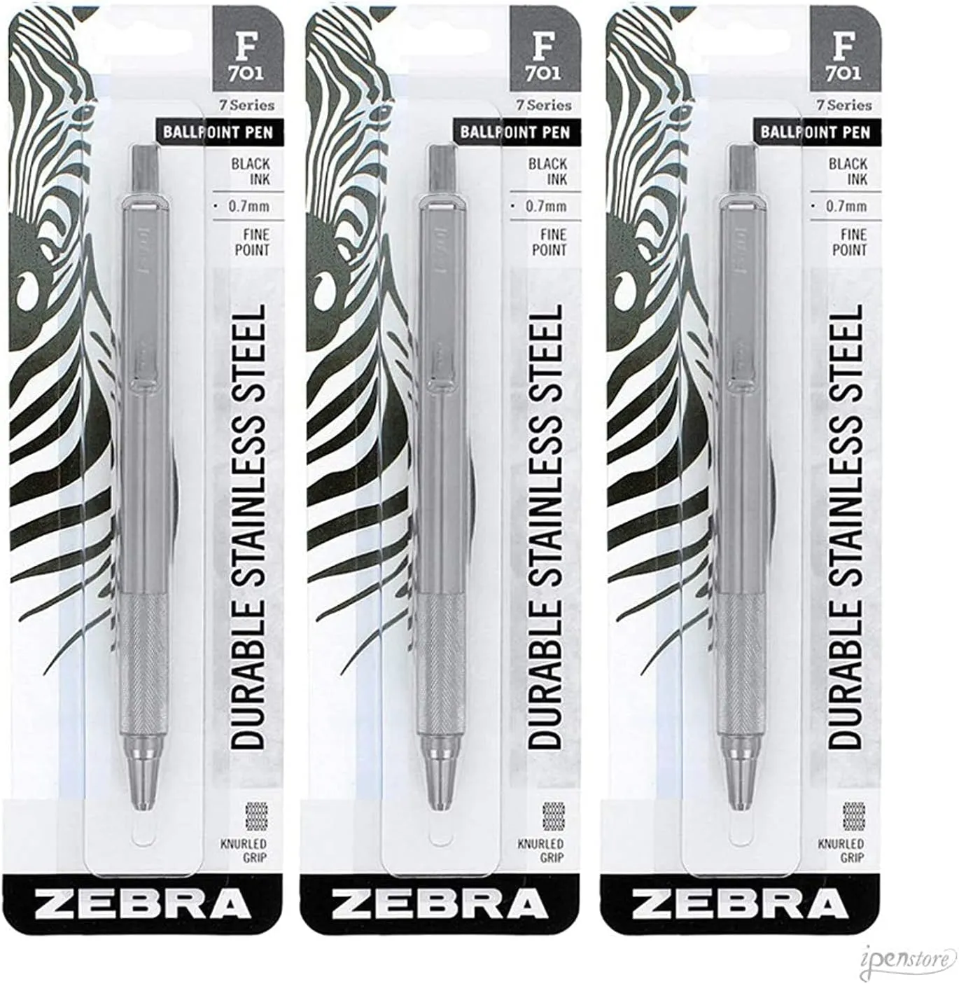 Zebra Pen 29411 Model F-701 Pack of 3 All Metal Retractable Ballpoint Pens; Heavy Duty Stainless Steel Barrel; Fine Point; 0.8mm; Black Ink