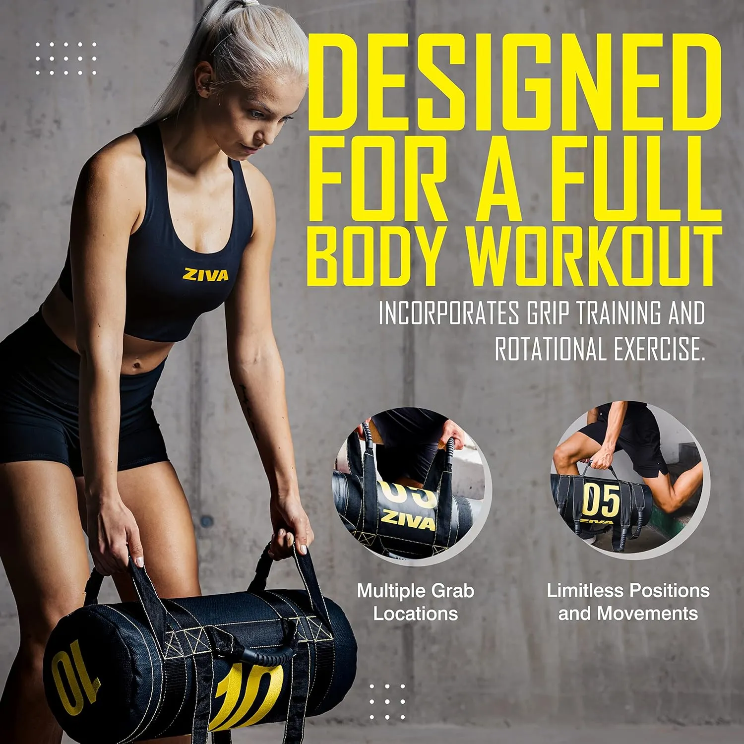 ZIVA Power Sandbag – Pre-Weighted Training Bag with Multiple Handles for Full-Body Strength & Conditioning – Heavy-Duty, No-Fill Needed (10–50 lb)